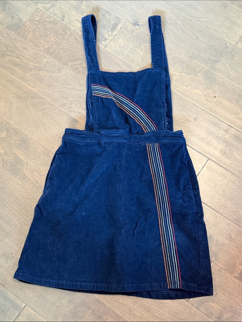 ModCloth Navy Corduroy Pinafore Dress with Rainbow Stripe